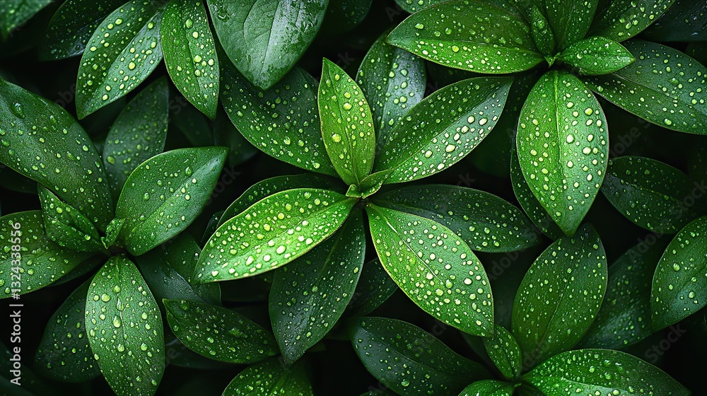 Fototapeta premium Vibrant green leaves close-up, water droplets showcase nature's purity, beauty, symbolizing eco-friendliness, sustainability.