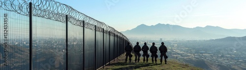 A powerful view of border security personnel overlooking a vast landscape.
