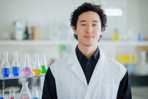 chemist in lab coat stands confidently in front of laboratory setup with glassware and colorful liquids suggesting