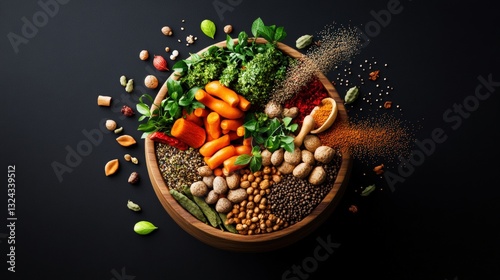A bowl of colorful ayurvedic food on a black background showcasing healthy and nutritious ingredients and presentation