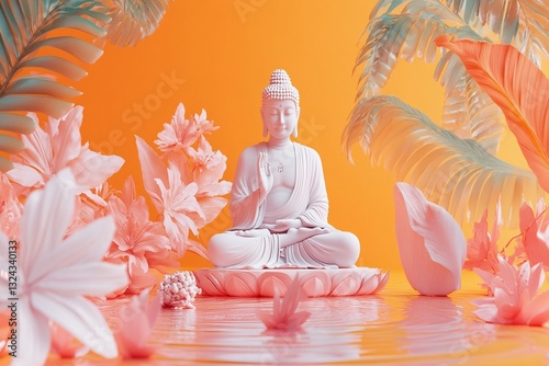 serene buddha statue in a tropical paradise: 3d render
