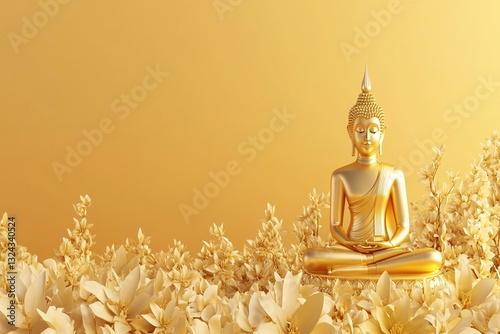golden buddha statue amidst blooming flowers - peaceful serenity