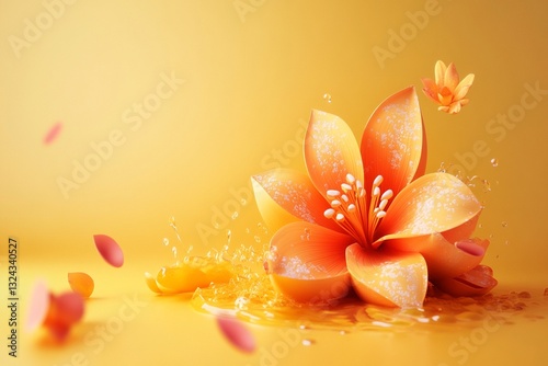 orange flower in water splash - vibrant summer bloom