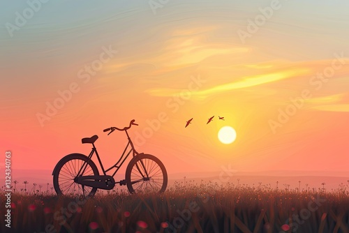 Clear Pixel Picture of World Bicycle Day Banner with Sunset Scenery