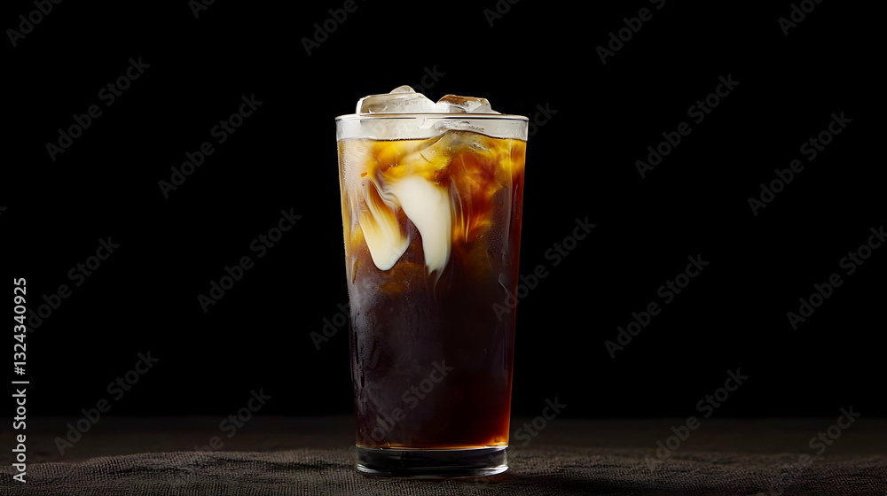 Iced Coffee Drink With Cream Swirl And Ice Cubes Against Black Background Iced Coffee Drink With Cream Swirl And Ice Cubes Against Black Background