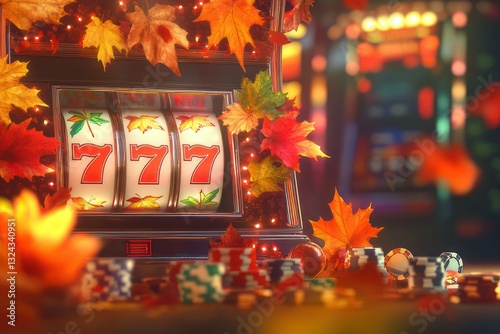 Autumn Themed Slot Machine with Colorful Leaves and Casino Chips in Vibrant Casino Atmosphere