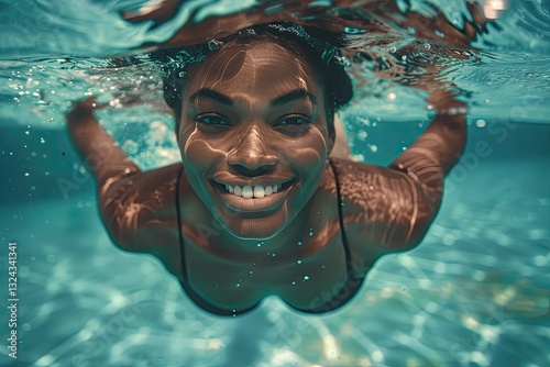 Premium Quality Visual of Black Woman Swimming Underwater in Public Pool
