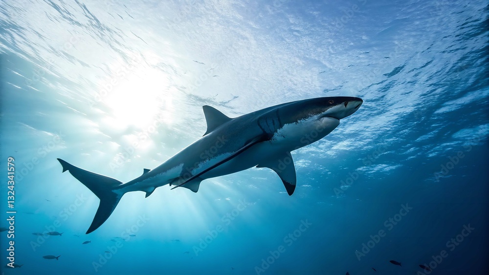 Fototapeta premium Great white shark, a grey predator, swimming underwater in the blue ocean