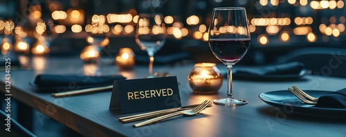 Elegant dining setup with a reserved sign, wine glass, and candles for a cozy atmosphere.