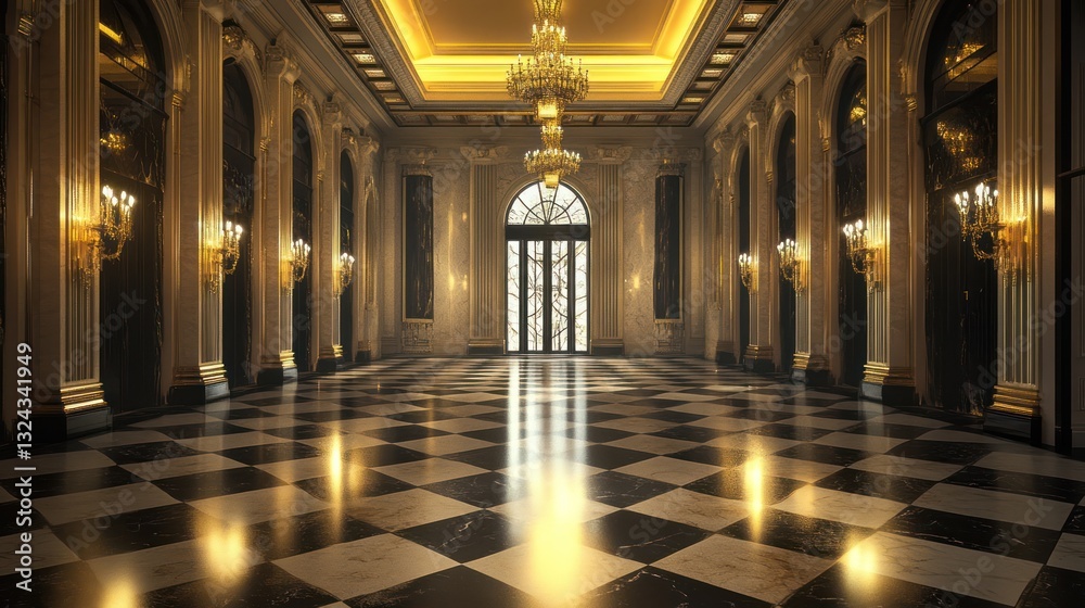 Fototapeta premium Grand ballroom interior, elegant checkered floor, golden chandeliers, arched doorway, luxurious event venue