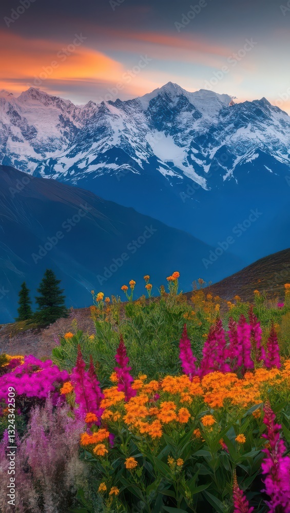 Fototapeta premium poster, postcard mountain landscape sunset sky with flowers and forest on the meadow, beautiful nature in the mountains, flower and green grass, travel and hiking, outdoor active rest, soft light