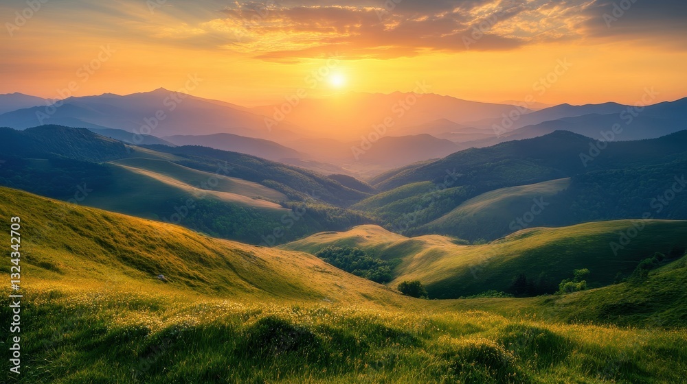 Fototapeta premium Of a Majestic mountain landscape with rolling green hills and a golden sunrise casting warm light over the valley