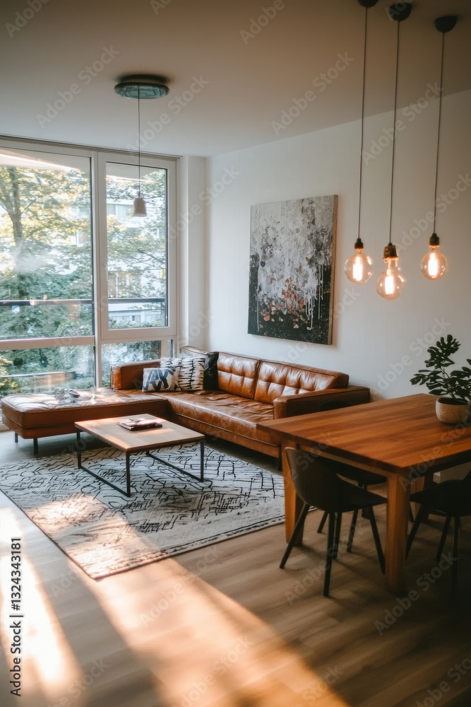 The interior features an open plan living and dining room with a long table, chair, and a brown velvet settee The interior features an open plan living and dining room with a long table, chair, and a brown velvet settee
