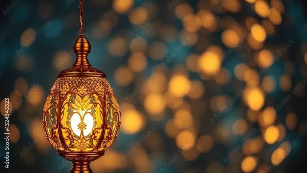 A luxurious gold lamp with glitter bokeh and snowflakes in the background, warm glow, warm light, festive glow