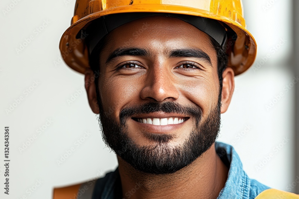 Smiling construction worker with hard hat showcases pride and determination in a modern workspace environment Smiling construction worker with hard hat showcases pride and determination in a modern workspace environment