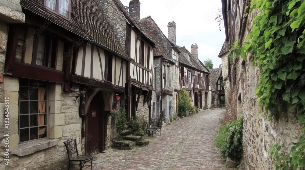 Charming medieval street with half-timbered houses in a historical european town Charming medieval street with half-timbered houses in a historical european town