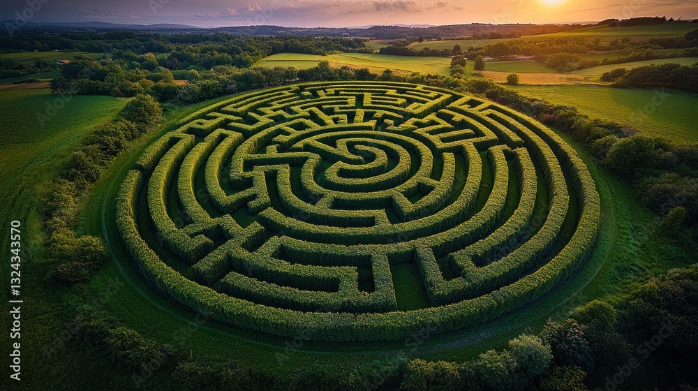 Aerial view of a circular hedge maze at sunset over a countryside landscape Aerial view of a circular hedge maze at sunset over a countryside landscape