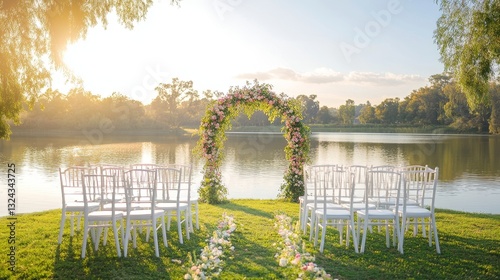 Wedding Venue with Floral Arch and White Chairs on Green Grass by Lake