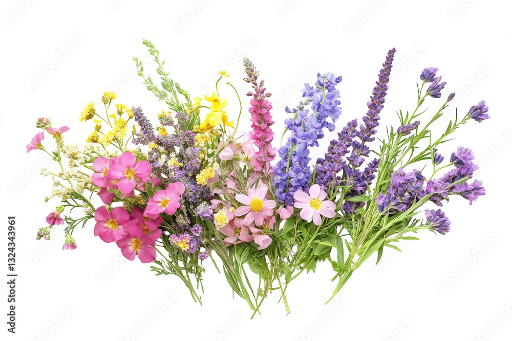 A vibrant bouquet of wildflowers celebrates spring's beauty and color in full bloom isolated on transparent background