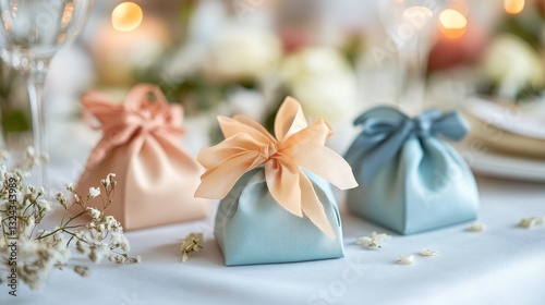 Wedding Favors on Table Setting with Pastel Color Elegant Gift Boxes