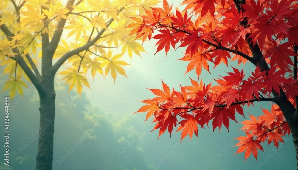 Bright green red yellow leaves on trees against a neutral grayish background, neutral background, tree branches Bright green red yellow leaves on trees against a neutral grayish background, neutral background, tree branches