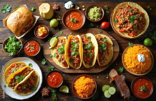 Wallpaper Mural Top view of traditional Mexican food, tacos, rice, guacamole, salsa, and sauces served on a rustic wooden table. Colorful vibrant authentic cuisine for dinner, catering or party. Lime garnish. Torontodigital.ca