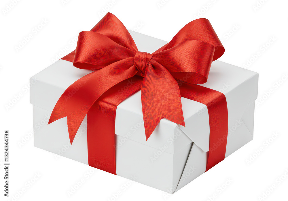 A neatly wrapped white gift box with a glossy red ribbon isolated on transparent background A neatly wrapped white gift box with a glossy red ribbon isolated on transparent background
