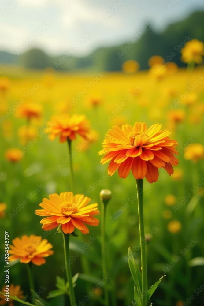 Bright orange chrysanthemum flowers in a lush yellow meadow, wildflowers, yellow Bright orange chrysanthemum flowers in a lush yellow meadow, wildflowers, yellow
