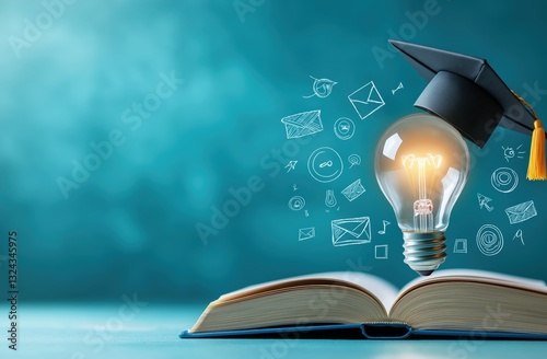 A graduation cap sits atop a glowing light bulb above an open book, symbolizing knowledge, creativity, and education.