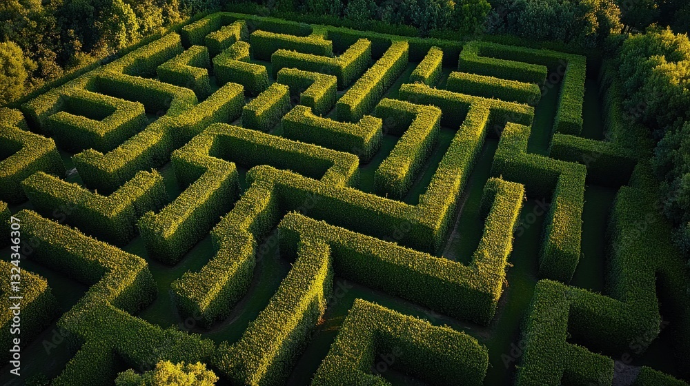 Aerial view of a hedge maze in a park, sunlight illuminating the intricate pathways Aerial view of a hedge maze in a park, sunlight illuminating the intricate pathways