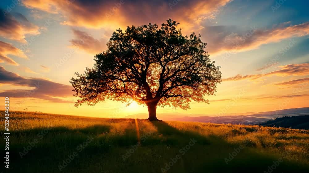 Majestic Sunset Silhouette of a Lone Tree in a Serene Meadow Majestic Sunset Silhouette of a Lone Tree in a Serene Meadow