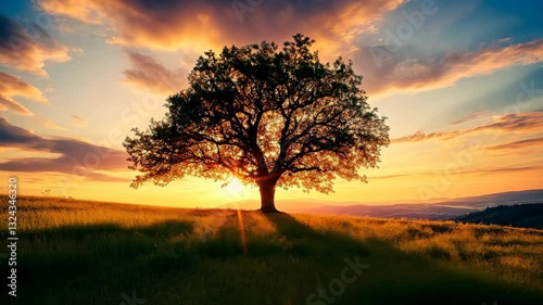 Majestic Sunset Silhouette of a Lone Tree in a Serene Meadow