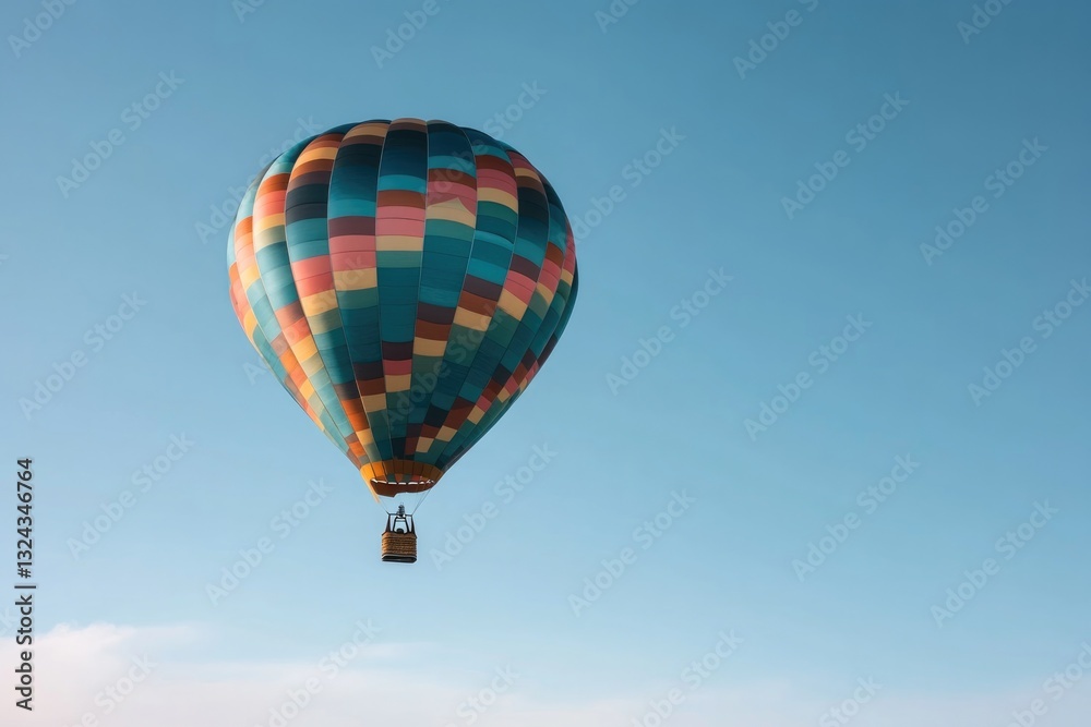 Naklejka premium close-up shot of vibrant hot air balloon against bright sky adorned with colorful patterns that evoke sense of adventure
