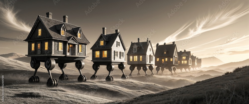 custom made wallpaper toronto digitalA line of whimsical houses on wheels traverses a foggy landscape during twilight, their lights glowing warmly against the surreal backdrop of rolling hills and wispy clouds