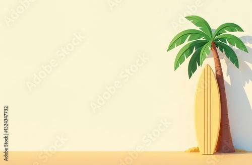 Surfboard and palm tree on soft background. Copy space