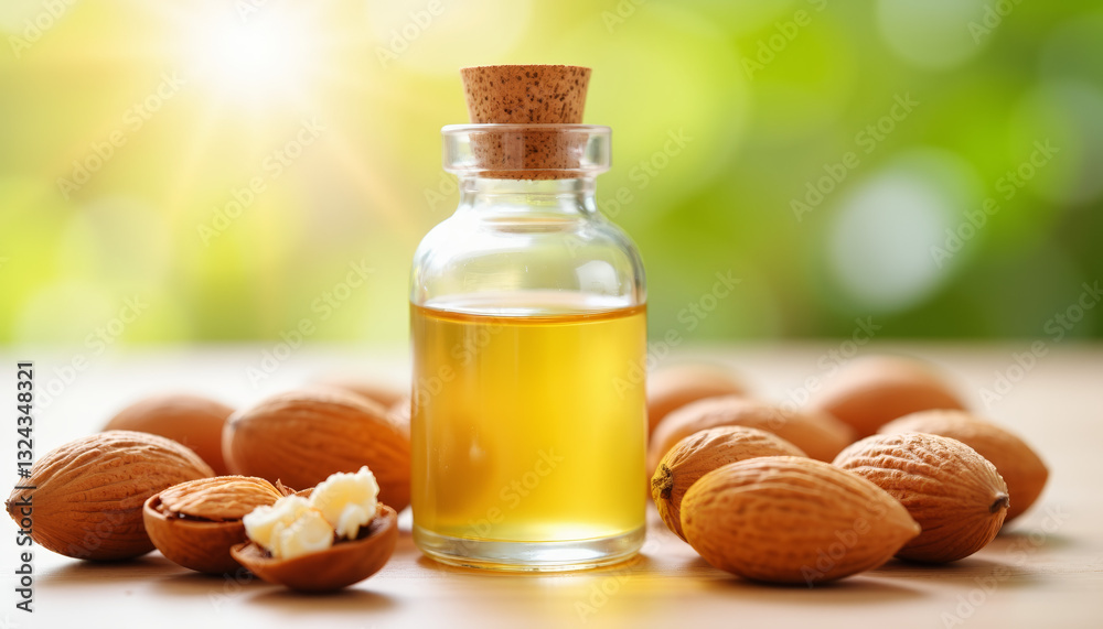 Almond oil and nuts in soft lighting, natural wellness concept Almond oil and nuts in soft lighting, natural wellness concept