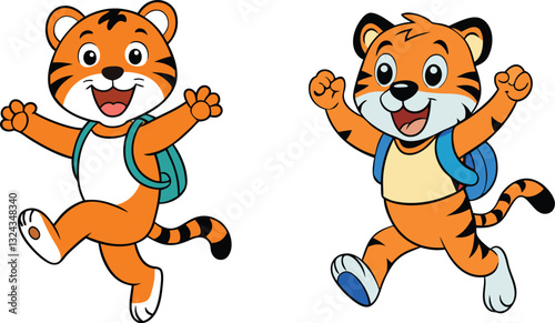 tiger with school bag jump happy face 