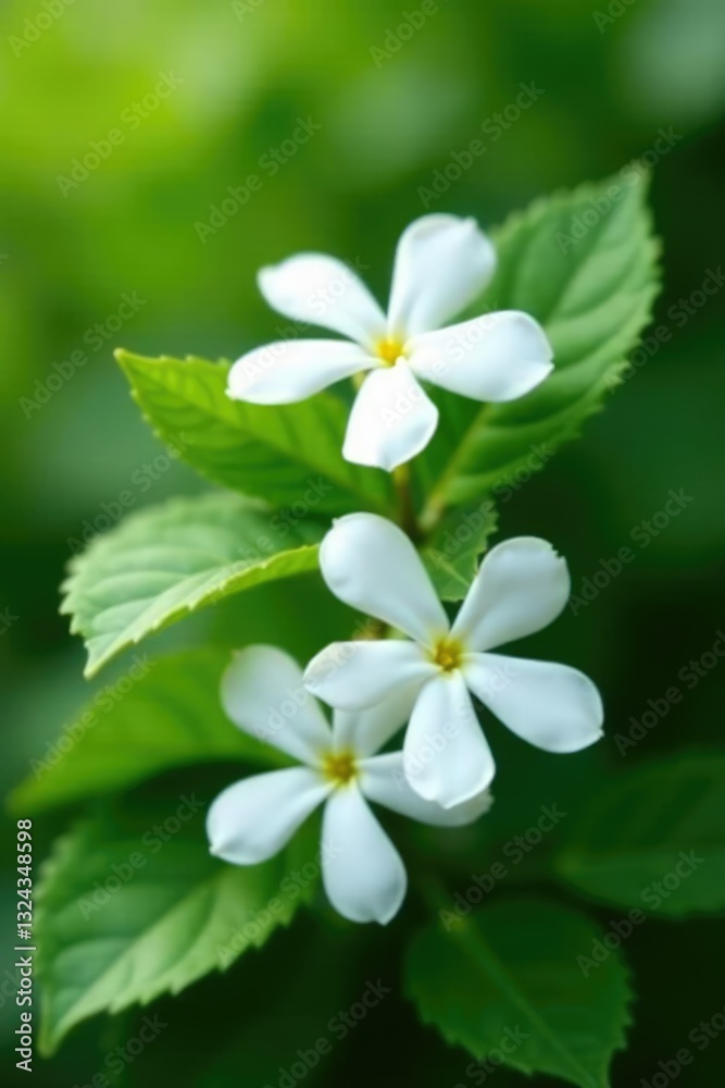 Fototapeta premium delicate white jasmine flowers on lush green bush,, botanical, blooming flowers