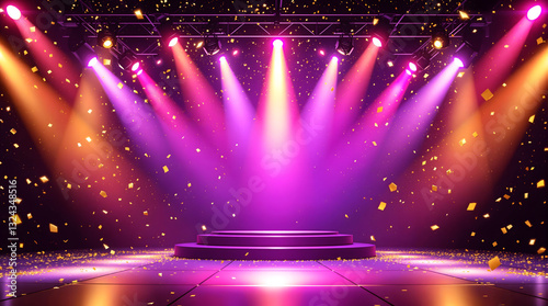 Glamorous Stage Background with Colorful Spotlights and Glittering Confetti. 