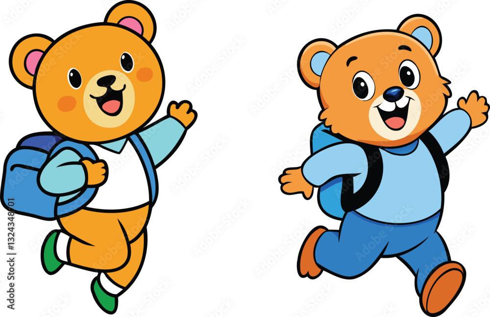Fototapeta premium bear with school bag jump happy face 