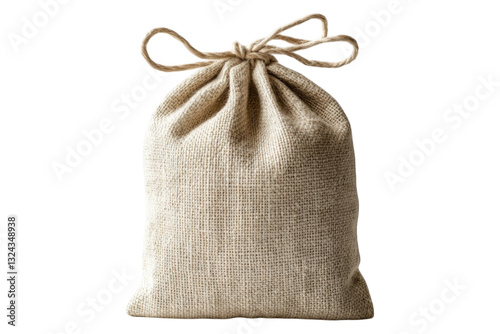 Small burlap drawstring bag tied with a bow. A reusable fabric pouch for storage, packaging, or gifts. Isolated, AI generated.  .