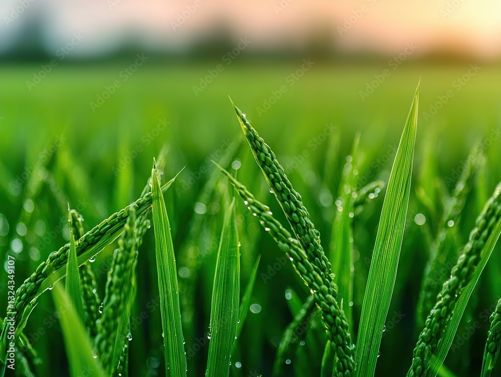 Obraz premium Vibrant rice fields rural landscape nature photography early morning close-up green growth concept