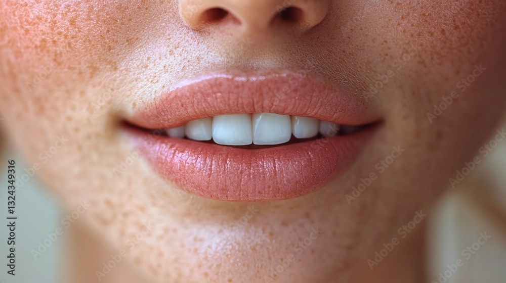 Fototapeta premium Woman's lower face highlights plump lips and white teeth, suggesting cosmetology or dentistry for lip augmentation.