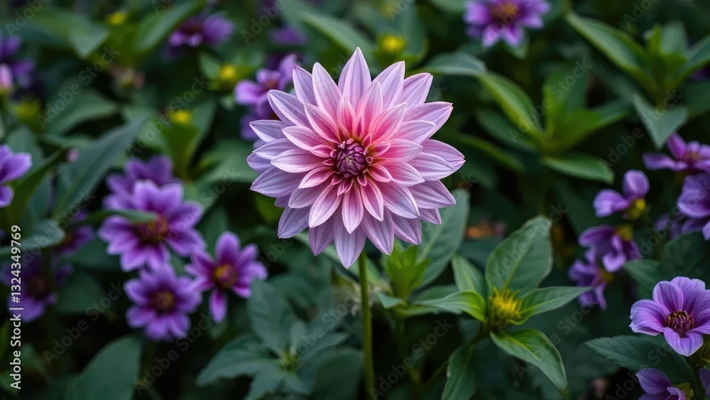 Obraz premium A dahlia's delicate petals dance in the breeze amidst a sea of lush green leaves soft purple hues, plant, soft grey
