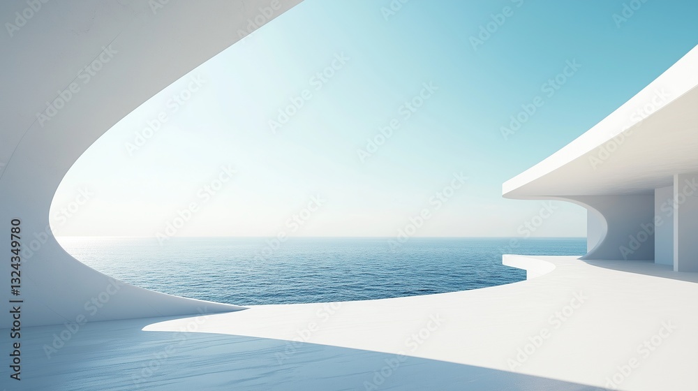 Minimalist Modernist White Building with Open Sea View, Blue Sky, and Light Blue Ocean
