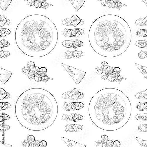 vector seamless pattern line art elements - food, salad, bruschetta, cheese, tomatoes