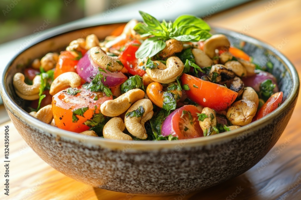 Fresh Colorful Salad with Cashews and Herbs in a Rustic Bowl on Wooden Table Fresh Colorful Salad with Cashews and Herbs in a Rustic Bowl on Wooden Table