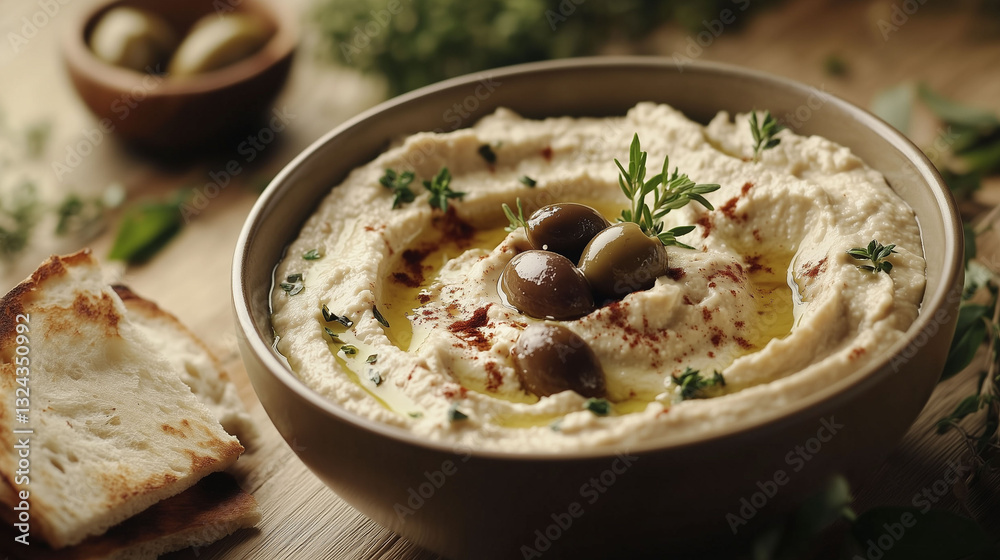 Fresh Homemade Hummus with Pita and Olives