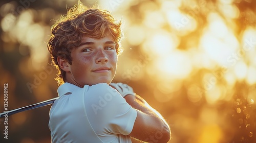 Young golfer swings his club with power, enjoying a sunny day, showcasing his athleticism and dedication.