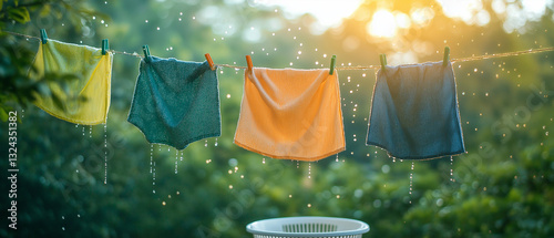 ai generated image of colorful clothes drying on a clothesline on a rainy day, concept of detergent with key ingredients to inhibit bacteria caused by musty clothes during the rainy season